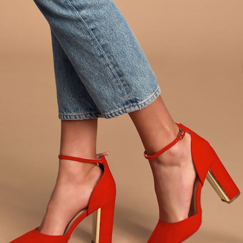 Lulus Laura Red Suede Ankle Strap Heels - Size 7.5